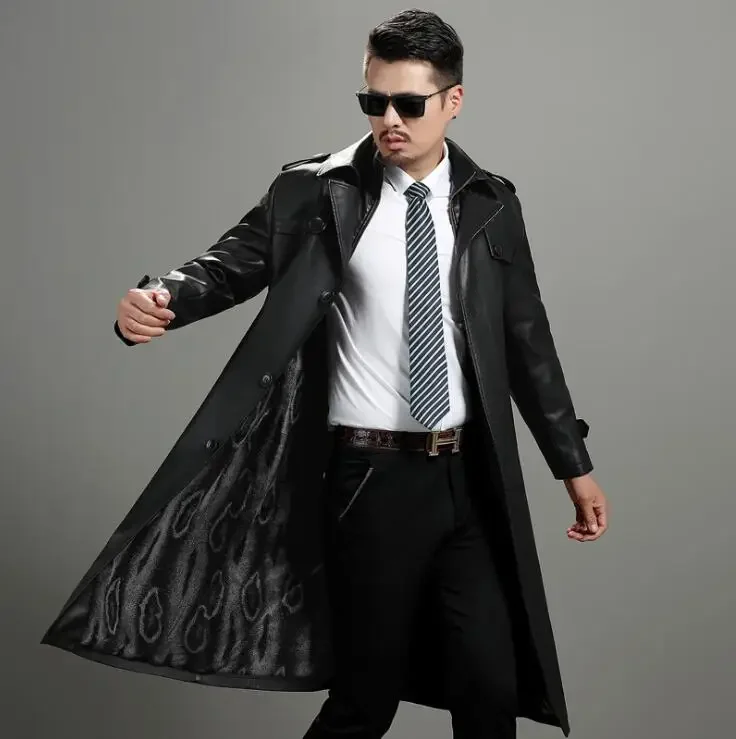 Autumn winter leather coats men long coat  velvet thicken mens leather trench coats Single-breasted clothes fashion black