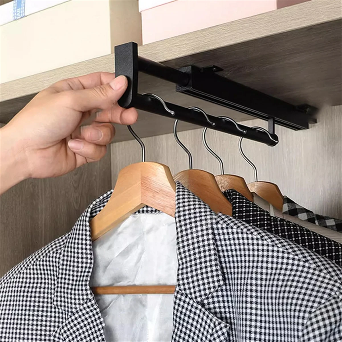 AT53 Varilla telescópica para ropa, armario, estante para pantalones, colgador de barra transversal Vertical extraíble montado en la parte superior