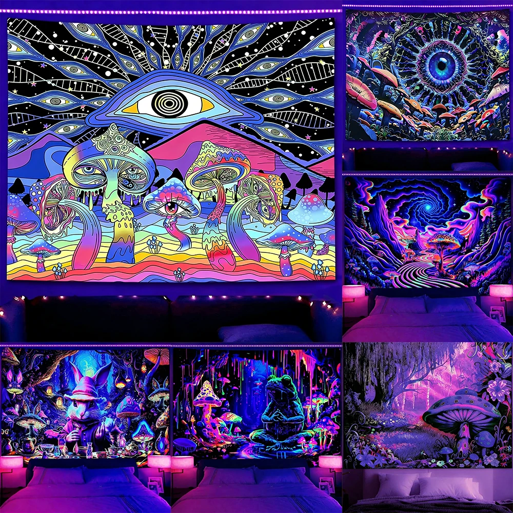 Im Dunkeln leuchtende bunte Wandteppichkunst, UV-reaktiver Wandteppich, Hintergrunddekoration, Wandbehang, Schlafzimmer-Party-Dekoration