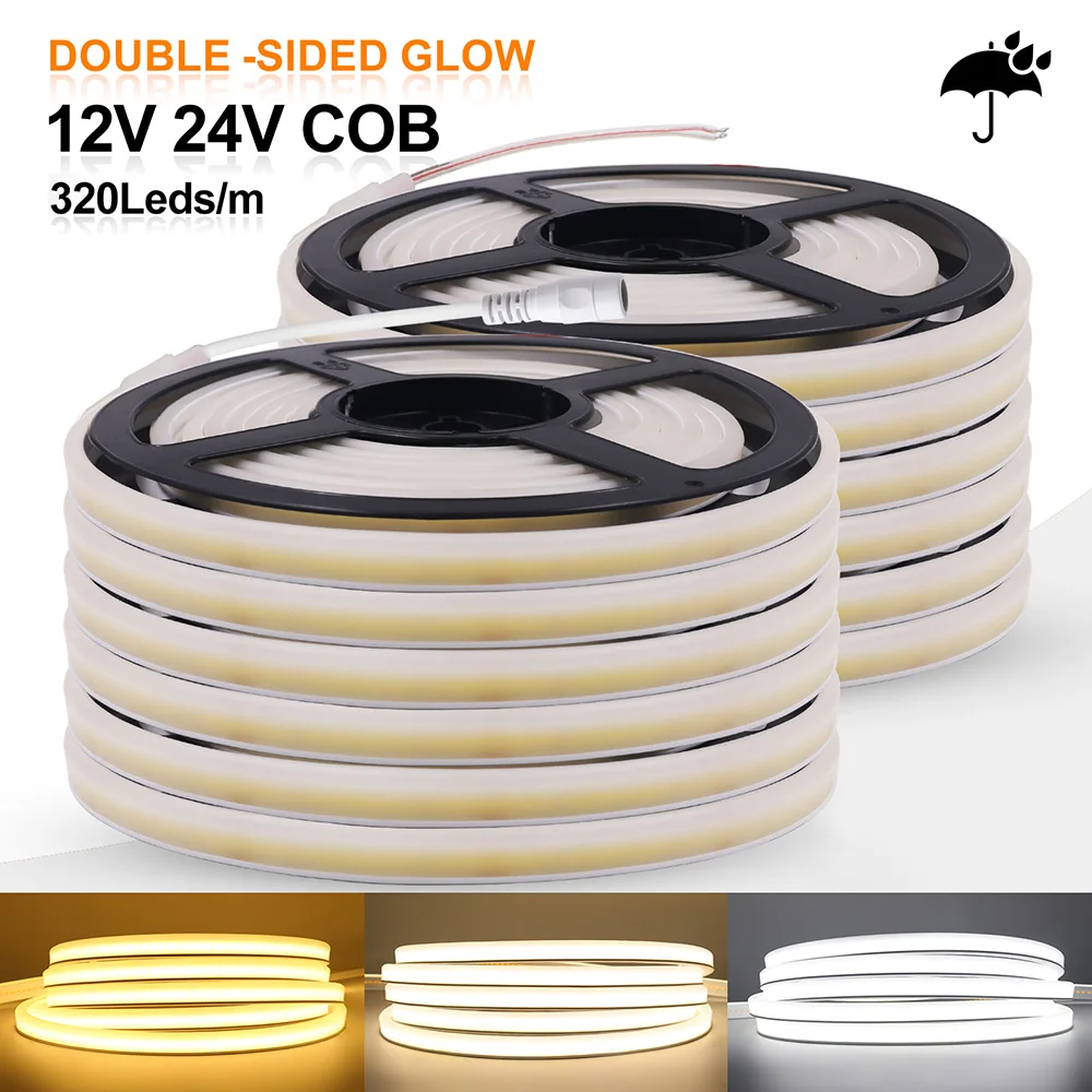 Tira de luces LED de neón COB de doble cara, 12V, 24V, cuerda flexible impermeable, 320LED/m, iluminación lineal de 1m, 2m, 5m, 10m, 15m, 20m, 0,5 m