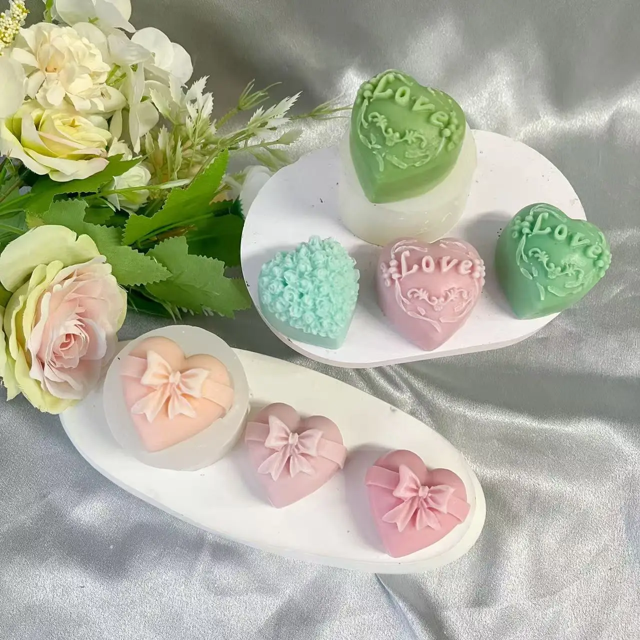 Rosa bolo molde de silicone pastelaria sabão aromaterapia molde diy arco amor artesanal sabão molde em forma de coração chocolate fondant ferramenta