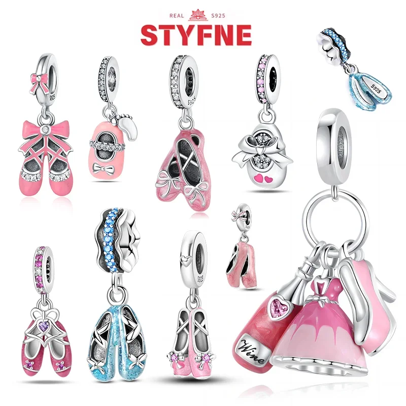 

New Silver 925 Ballet Shoes Charms and Pink Bow Heart Beads Fit DIY Original Bracelet for Women Matching Jewelry Fine Gifts