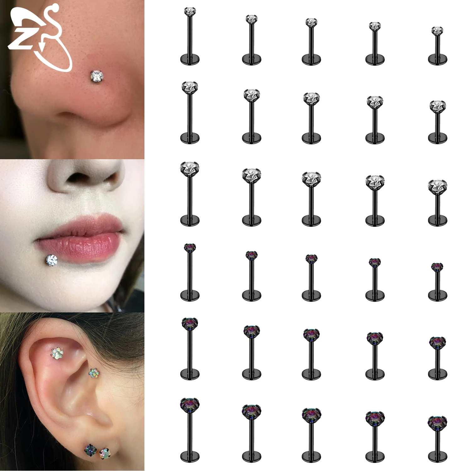 ZS 1 Piece Internal Thread 16/18/20G Black Color Stainless Steel Labret Lip Piercing 2-6MM CZ Crystal Helix Cartilage Earrings