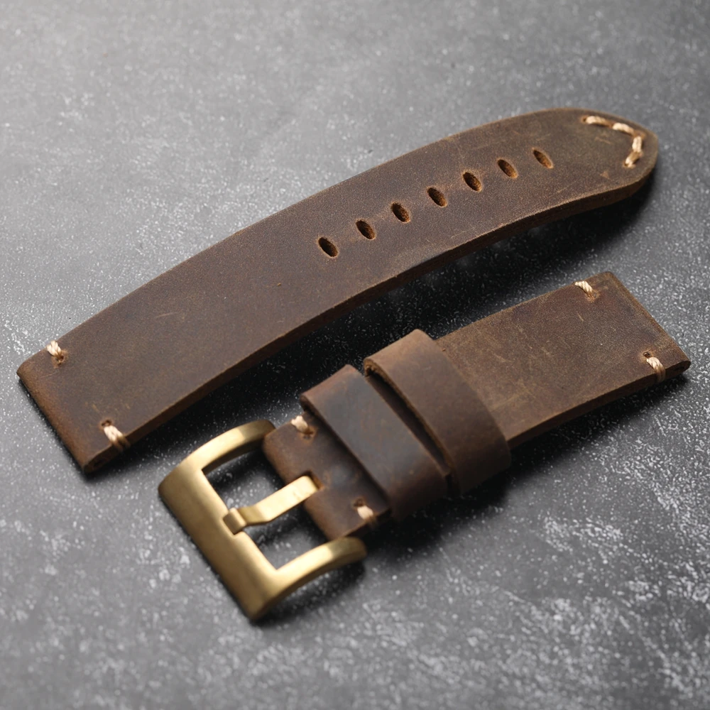 Vintage Head Layer Cowhide  Strap 20mm 22mm 24mm 26mm Brown Copper Buckle Folding Genuine Leather Watch Band