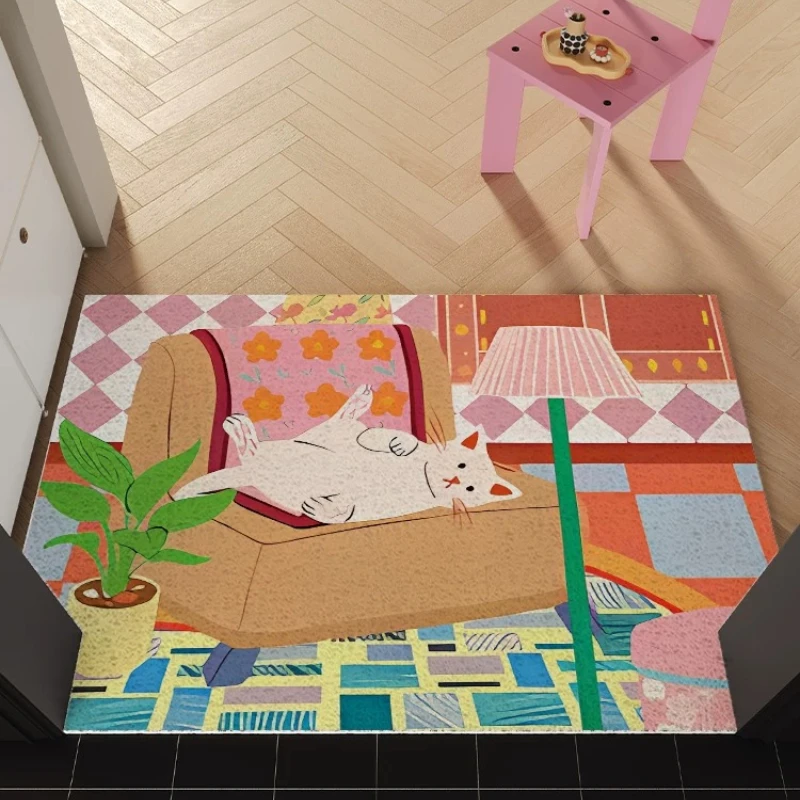 Cartoon Golden Dog Interior Scene PVC Wire Loop Coil Doormat Anti-Slip Dirt Catching Welcome Rug Indoor Outdoor Entrance Decor