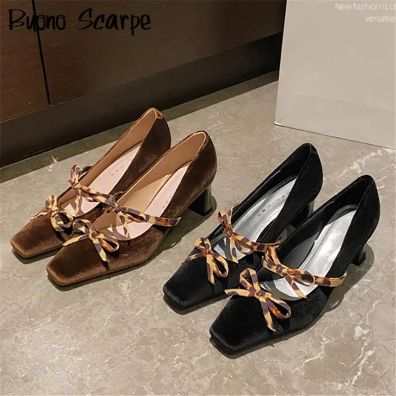 

Leopard Butterfly Knot Square Toe Suede Leather High Heels Women Pumps Slip On Shallow Fashion Western Retro Sexy Dress Shoes