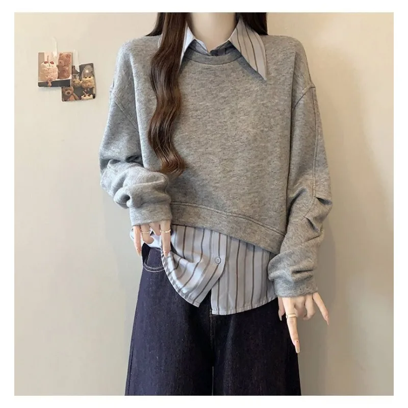 Faux sweat deux pièces en Patchwork pour femmes, chemise ample, Style coréen, nouveaux chemisiers à manches longues, haut à bascule, printemps automne