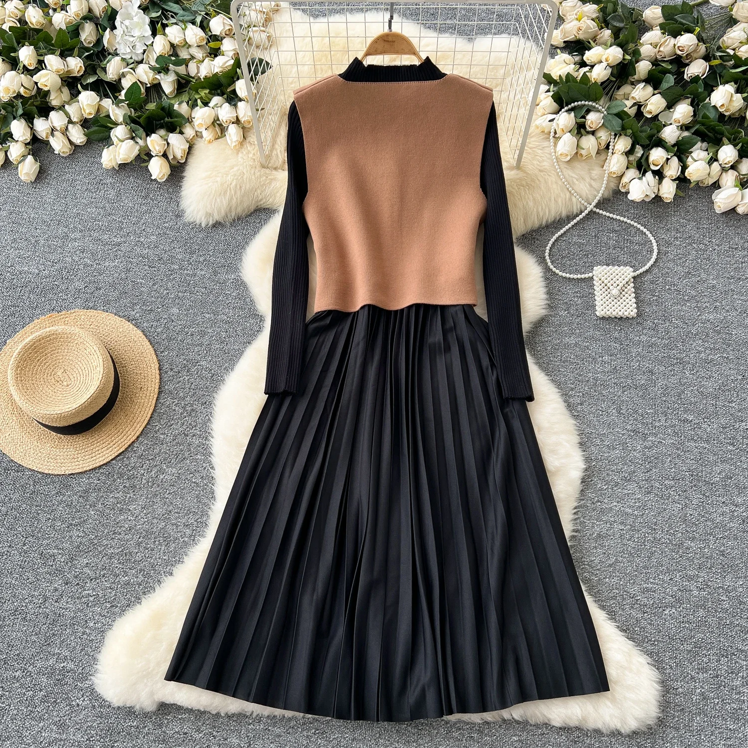 Women Two-Piece Sets Vintage Asymmetrical Vest and Half High Collar Spliced Dress Korean Streetwear High Street Autumn Clothing