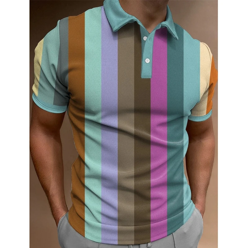 3D Color Rainbow Stripe Print Polo T Shirt For Men Fashion Lapel Short Sleeve Shirts Oversized Casual Golf Blouse Buttons Tops