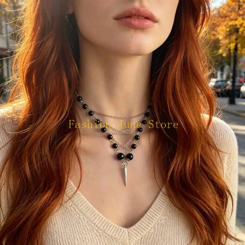 N5KA Multi Strand Beaded Necklace with Draped Silver-Tone Chains and Glossy Black Beads, Steel Jewelry for Commuting and Parties