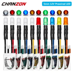 Kit de diodo emissor de luz pré-fio 5mm, 12v difuso f5, micro branco, vermelho, verde, azul, amarelo, laranja, cabo pré-fio, conjunto de lâmpadas