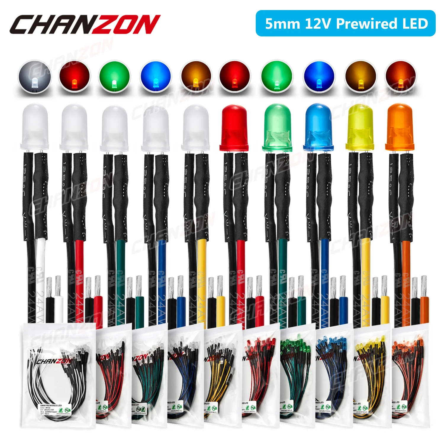 DC 12V 5mm LED Diode Prewired Diffused F5 White Red Green Blue Yellow Orange Pre Wired Cable 5 V - 12 V Light Emitting Lamp Kit