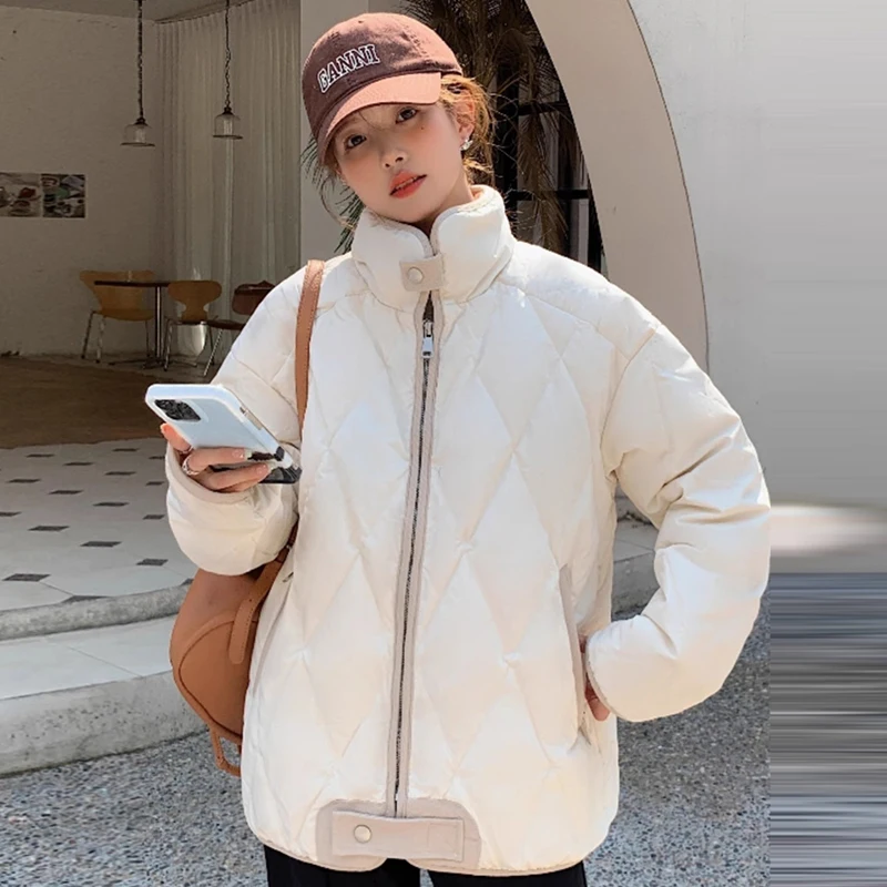 

Women's down Cotton Jacket Quilted Student Winter Clothes Small Size Cotton Coat Korean Style Loose Fit Long Sleeve Zipper