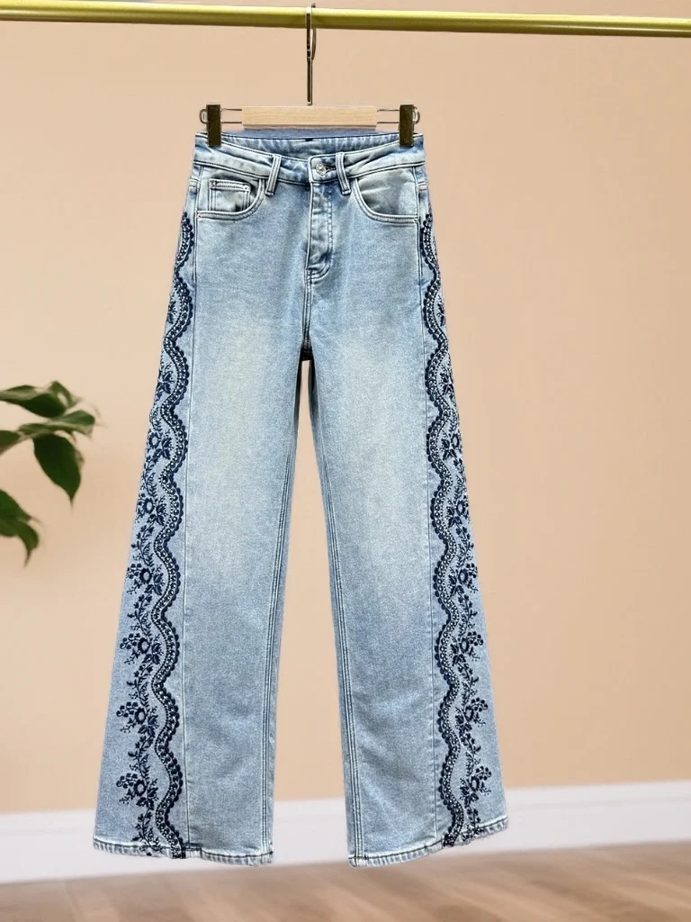 

Модные широкие джинсы с высокой талией и вышивкой стразами, женские повседневные брюки длиной до пола с высокой талией, универсальные