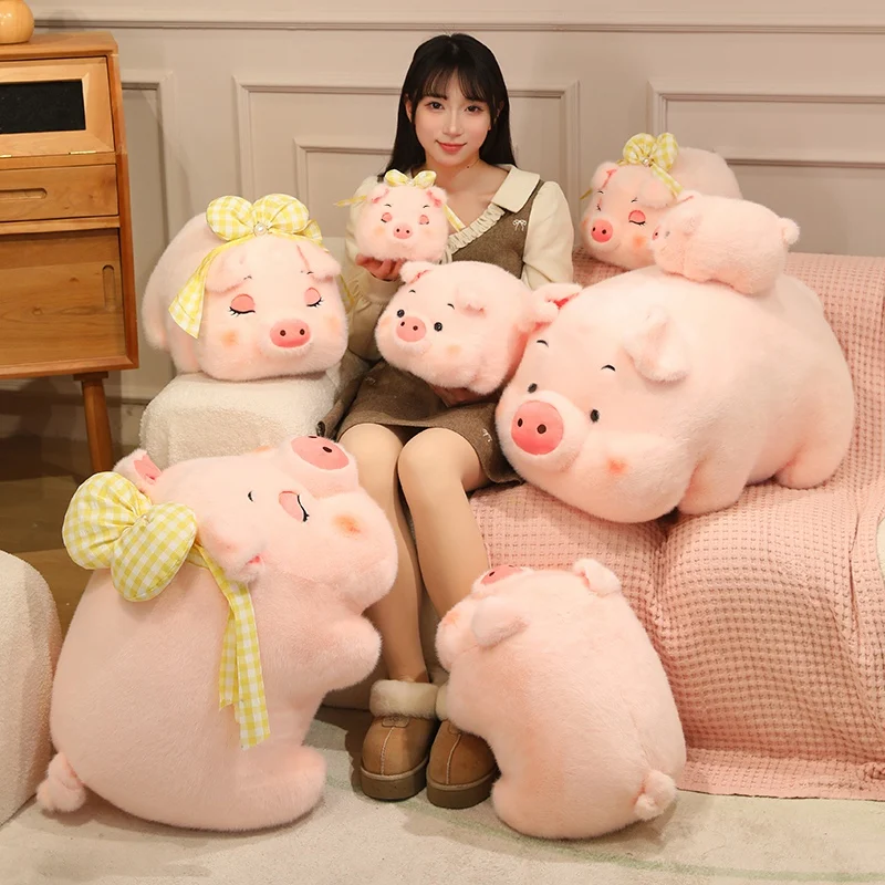 Peluche de cerdo rosa de 20/30/40/60 cm, lindo peluche de cerdo con lazo de dibujos animados, almohada suave de cerdo de peluche, regalo de cumpleaños para niñas