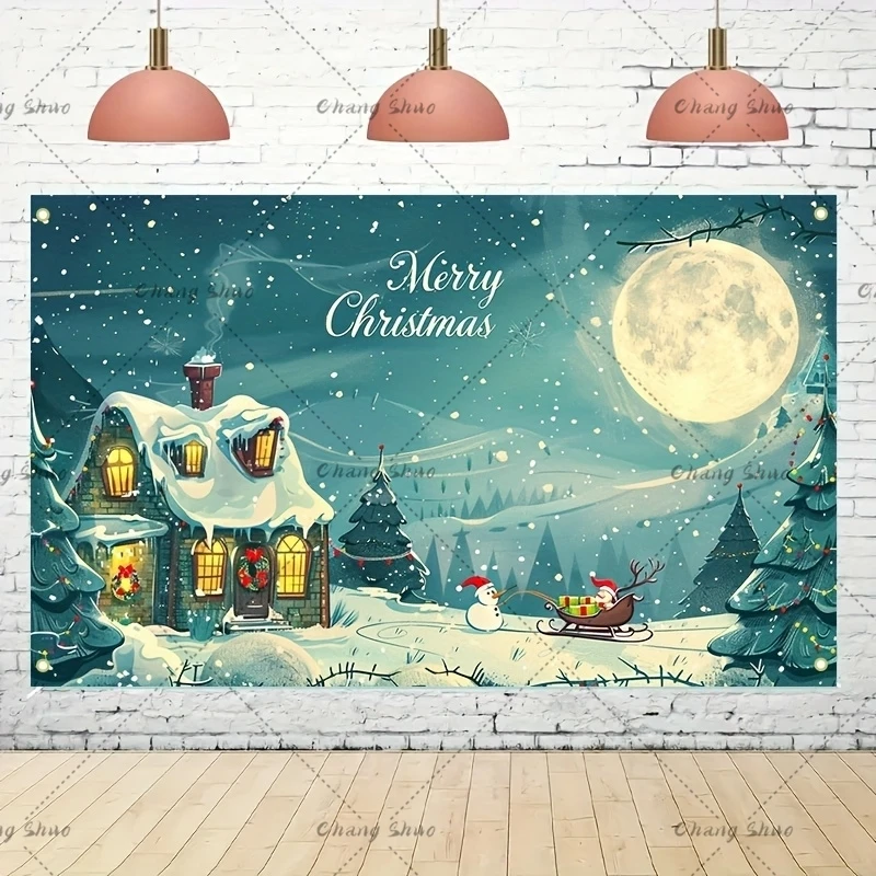 Fondo de fotografía de Navidad, chimenea de ladrillo antiguo, regalos de árbol de Navidad, muñeco de nieve, Papá Noel, fiesta familiar de invierno