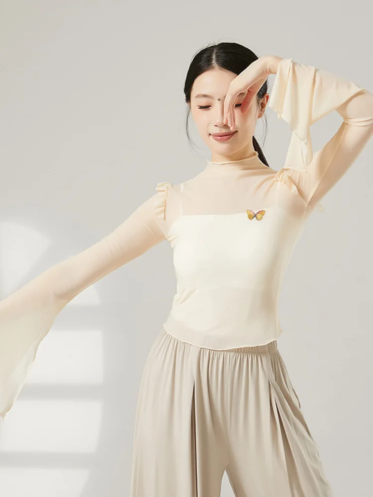 

Solid Color High Neck Mesh Top with Flared Split Sleeves for Modern Dance Performance or Stage Styling