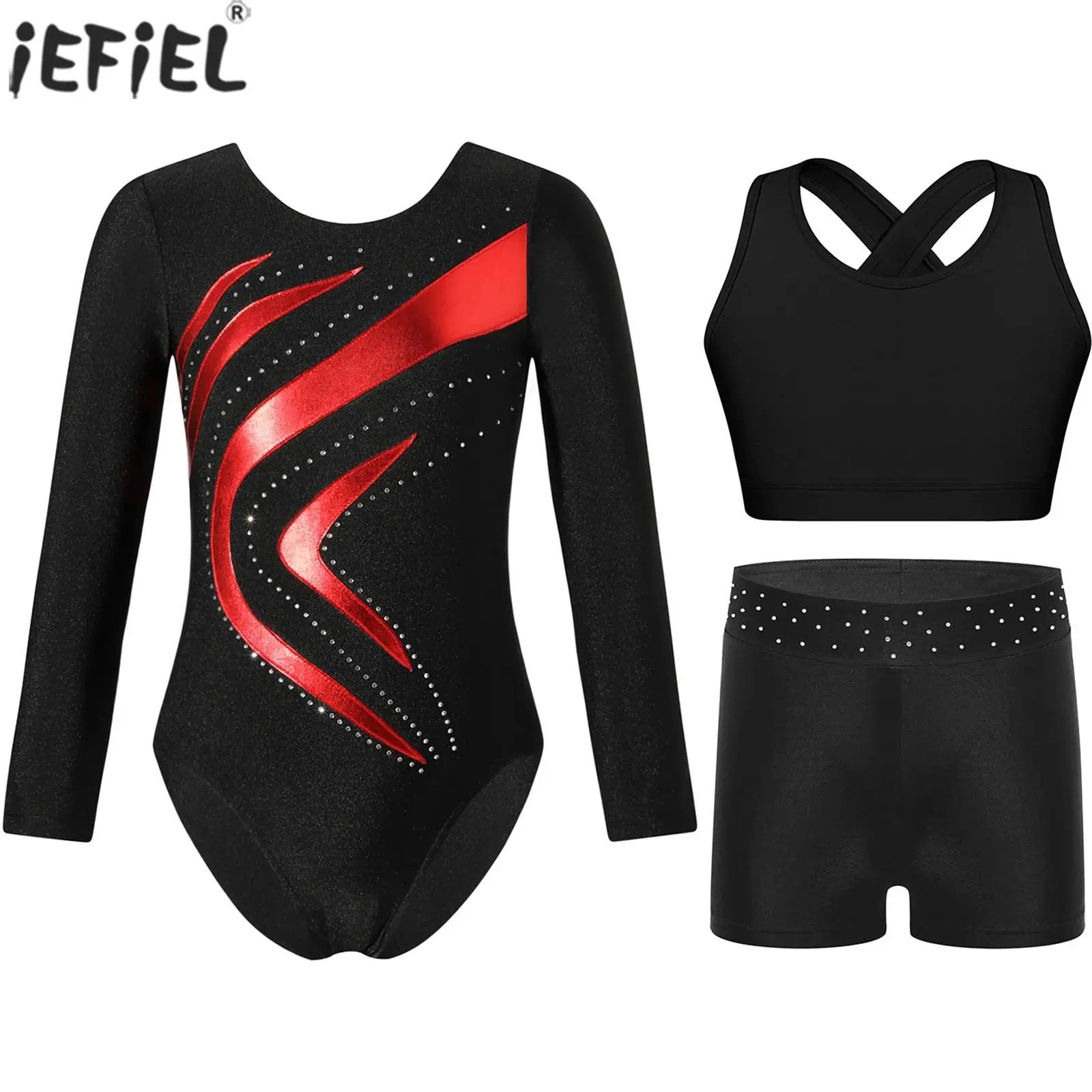 Kids Girls Gymnastics Ballet Dance Costume Long Sleeve Metallic Patchwork Leotard with Vest Shorts Yoga Workout Training Outfits
