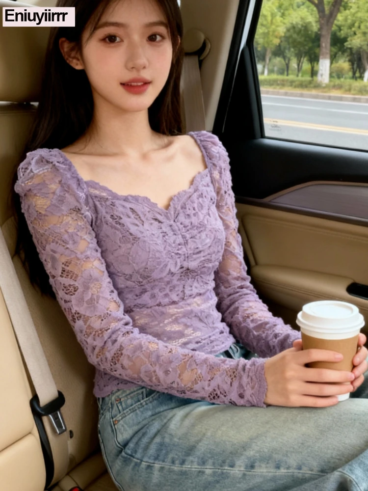 Sexy Hollow Out Lace Tops Blouses New 2026 Spring Eniuyiirrr Brand Design Cute Japan Style Girls Purple Lace Basics Shirts