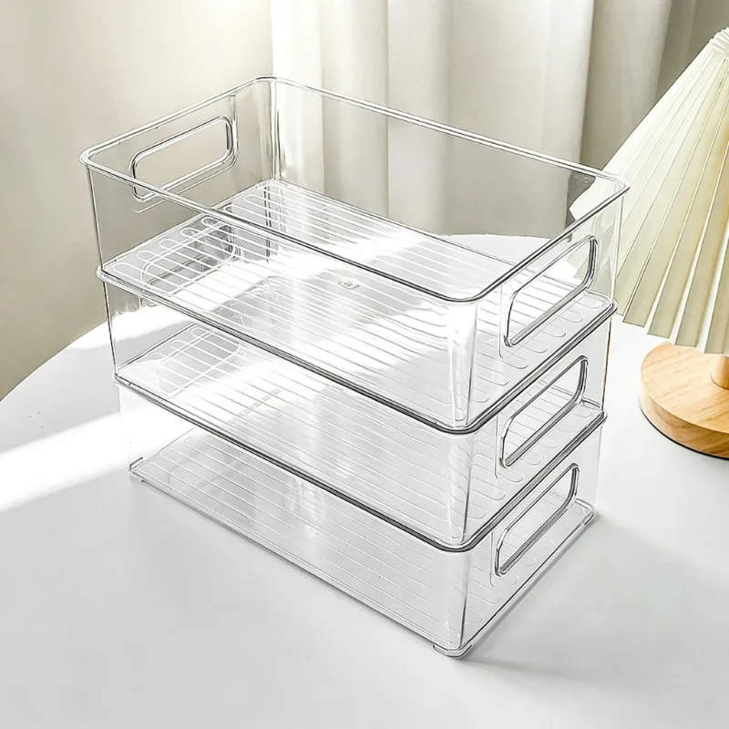 Contenitori Impilabili Trasparenti in PET con Maniglie Laterali, Organizzatori Trasparenti per Dispensa, Bagno, Frigorifero, Armadietto, Cestini Multiuso per la Casa