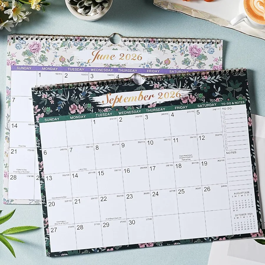 2026 벽걸이 달력 2026년 달력 12개월 1월-12월 월별 플래너 14.8'' x 11.4'' 트윈와이어 바인딩 줄리안 날짜 대형 월간 플래너