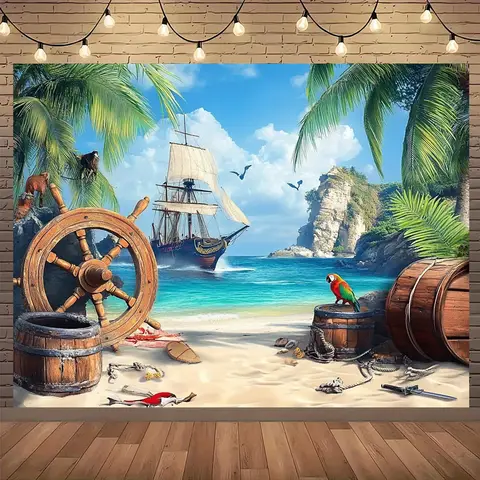 1 pirate themed background banner - with wooden rudder, boat, bucket, and sea view - suitable for birthdays, holidays, parties