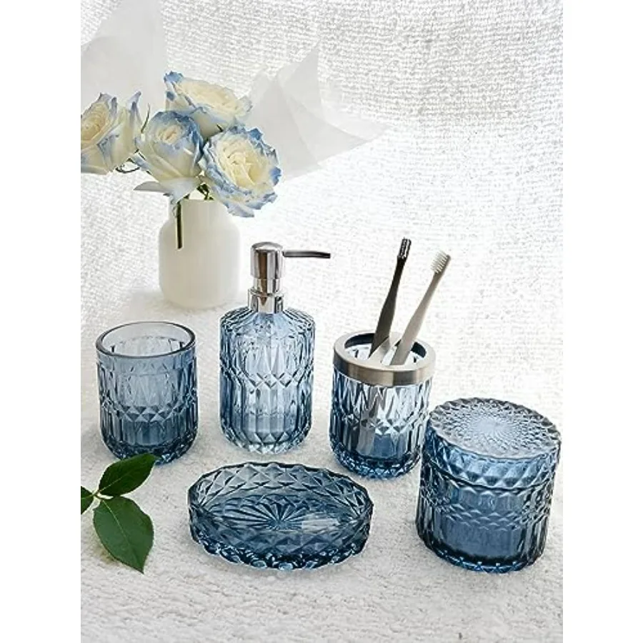 Set di accessori da bagno in cristallo, set di dispenser per lozioni blu da 9 pezzi, portasapone, portaspazzolino, bicchiere, vasetti per tamponi di cotone
