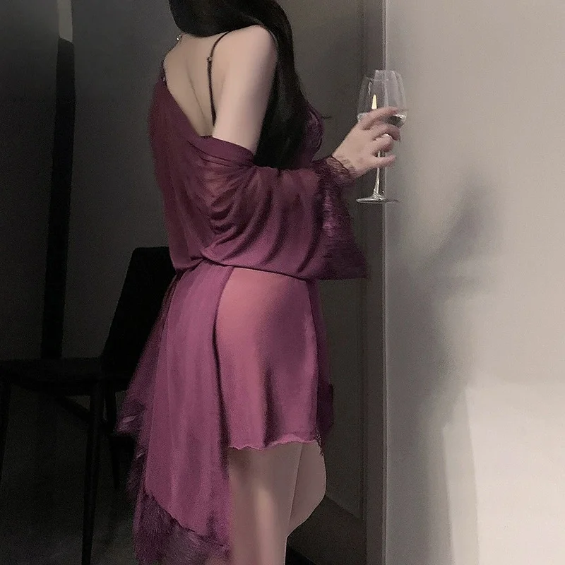 Temptation Flirtatious Sleeveless Suspender Dress Sexy Lingerie Women Lace Mesh Nightgown Seducing Dreamy Purple Bathrobe Set view 4