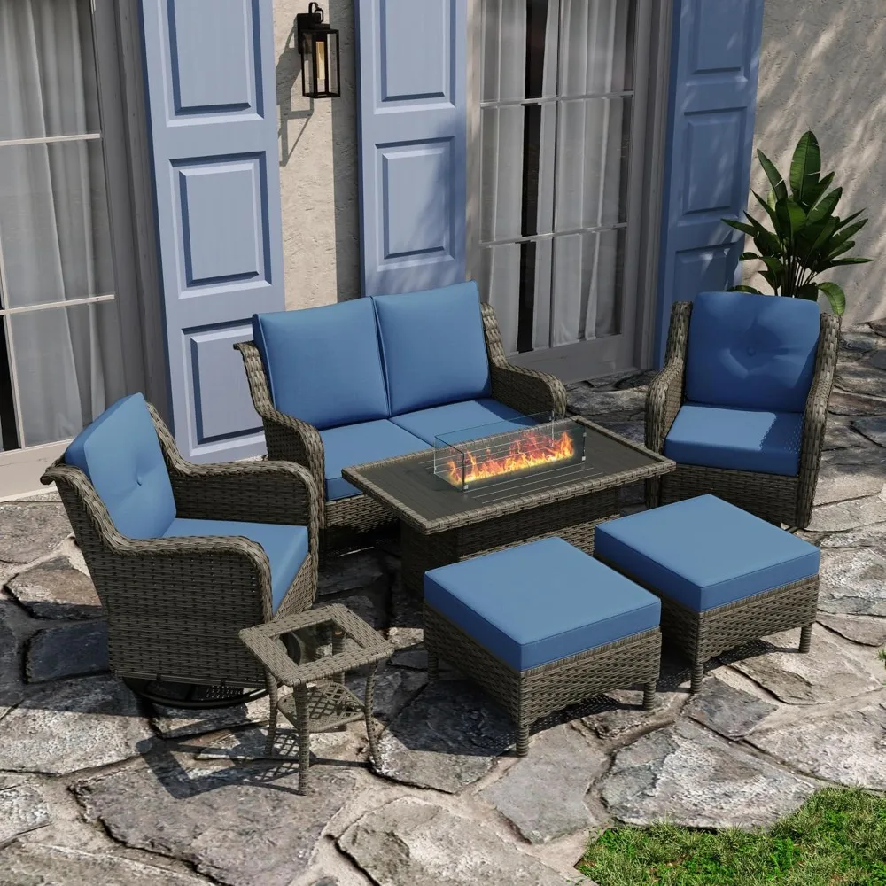 8 Piece Patio Furniture Set with Fire Pit Table, Outdoor Swivel Rocking Glider Chairs w/Ottomans, Sofa Swivel Glider Chair