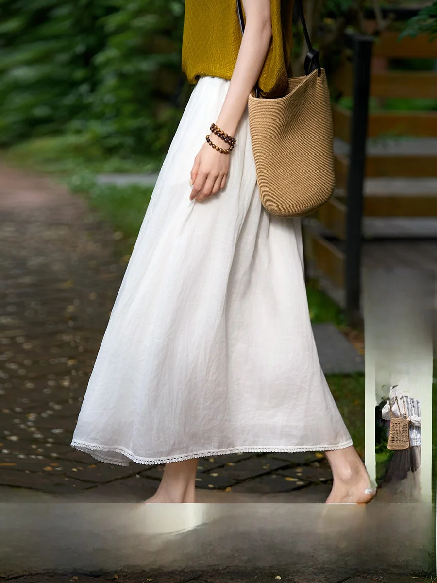 

Летняя юбка Jiaojiao White Moon из 60-ниточного льна, простая длинная юбка-солнце с высокой талией, повседневная женская юбка А-силуэта