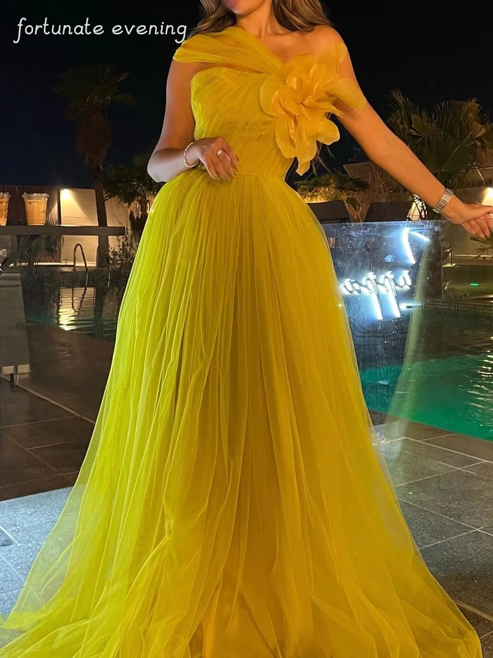 

Fortunate Evening Elegant Vintage Sweet Yellow Ruffle Flower One Shoulder A-Line Formal Occasion Prom Dress Evening Party Gowns