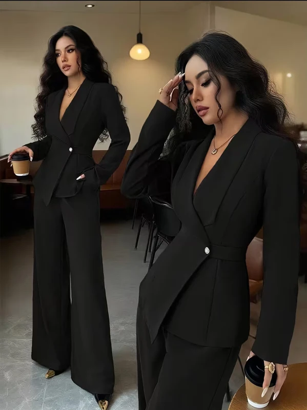 Damen-Wickelblazer-Anzug, zweiteiliges Set, mit Gürtel, V-Ausschnitt, langärmelige Jacke, Hose mit weitem Bein, schmal geschnitten, elegant, formell, für Büro und Partys. – Detail 15
