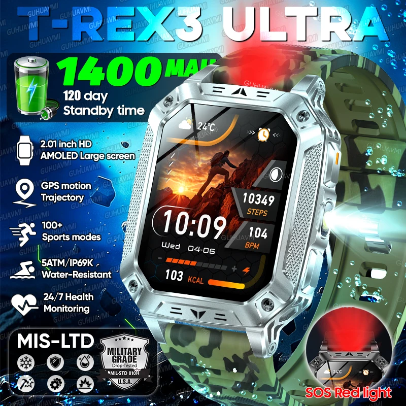

2026 New T-REX3 Outdoor Sports Smart Watch 2.01" HD Screen 1400mAh Large Battery 5ATM Waterproof Wireless Call Men Fitness Watch