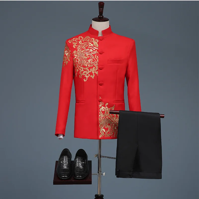 Men Stylish Embroidery Floral Pattern Suits Set Stage Singer Wedding Groom Jacket Pants Vintage Stand Collar Men's Coustume Red