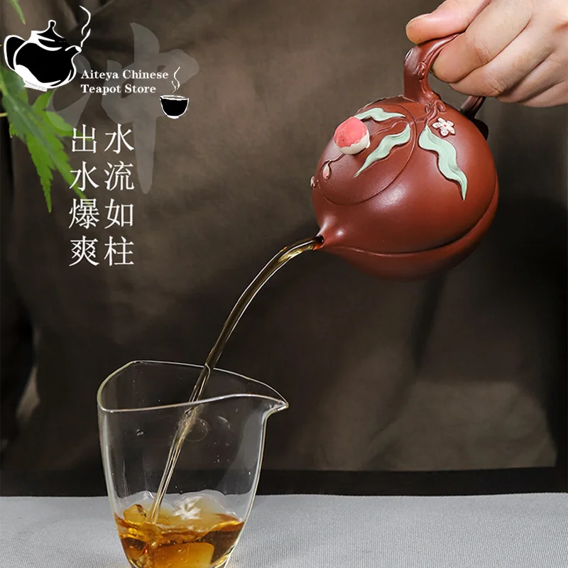 Yixing handmade purple clay teapot, raw ore, red skin, dragon mud, green leaves, longevity peach, Kung Fu tea set Chinese teapot