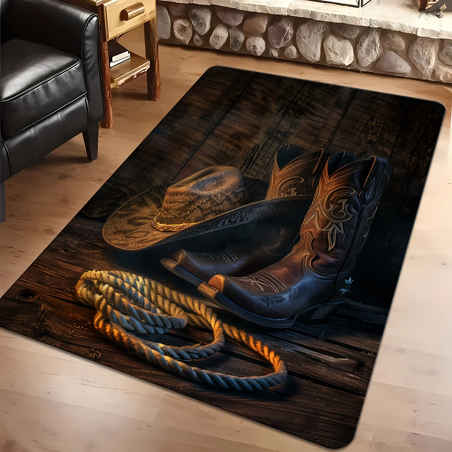 Durable Rustic Western Cowboy Boots Hat Area Rug Floor Mat Decor for Man Cave Cabin Farmhouse Style Vintage Carpet