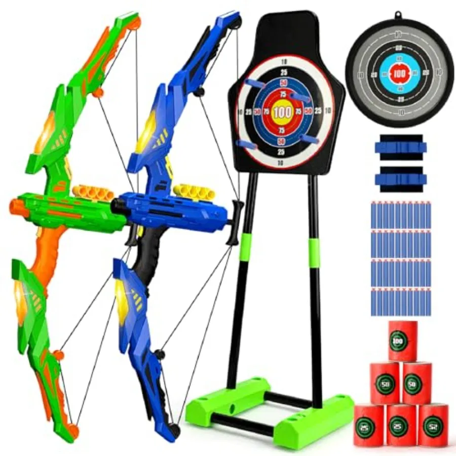 

Outdoor archery set for kids aged 4-14: lightweight plastic bow with LED lights, neon green foam darts, includes standing/movab