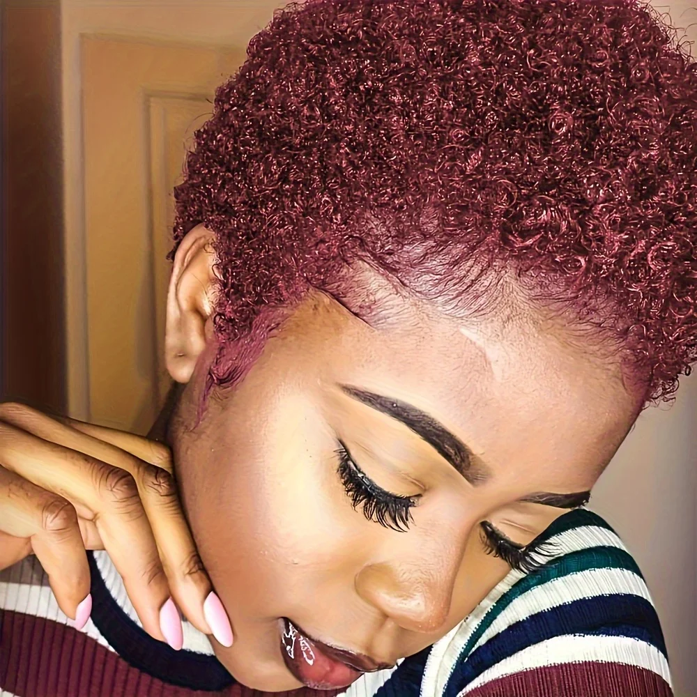 ความหนาแน่น 150% 4 นิ้วเต็มรูปแบบทําวิกผมสั้น Afro Curly วิกผมผมมนุษย์ Afro วิกผมสั้นสําหรับผู้หญิง Pixie ตัดวิกผมผมมนุษย์