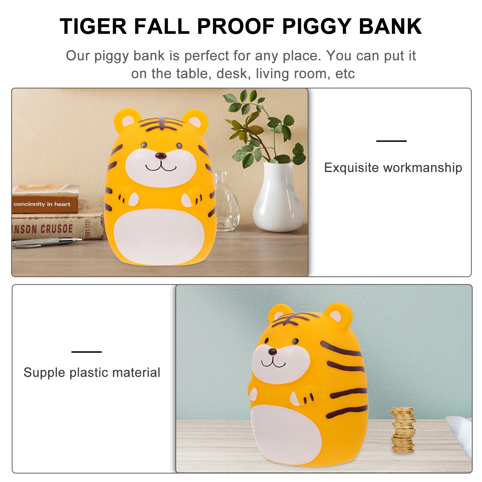 

Tiger Shape Design Piggy Bank Anti-Fall Supple Plastic Adorable Coin Storage Container for Kids Yellow Tiger Piggy Bank