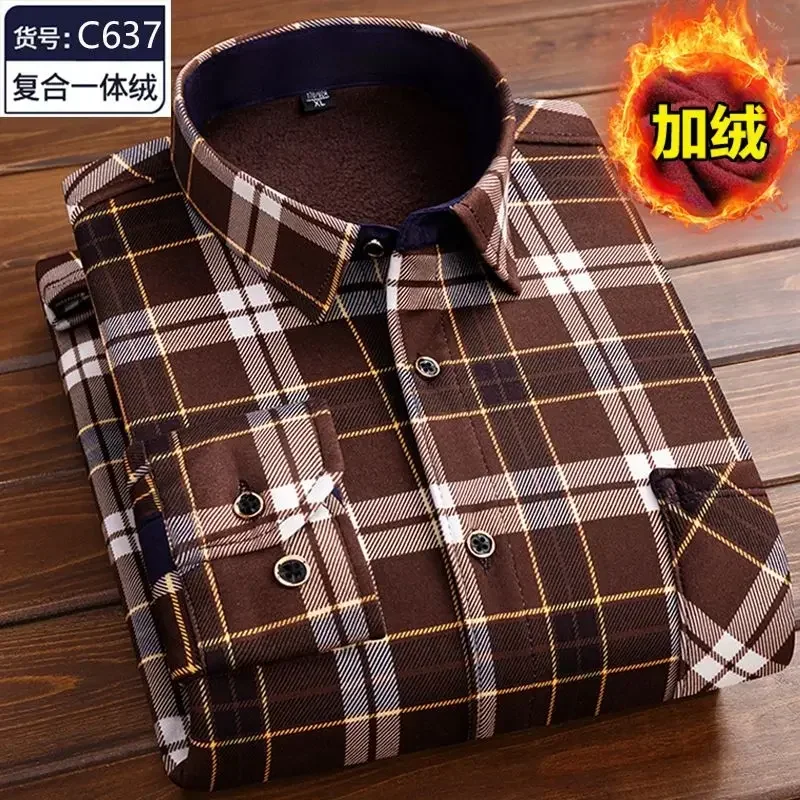 Men\'s Casual Warm Shirts Flannel Fur Lined Thick Long Sleeve Plaid Autumn Winter Shirt Comfortable High Quality Dress Shirts