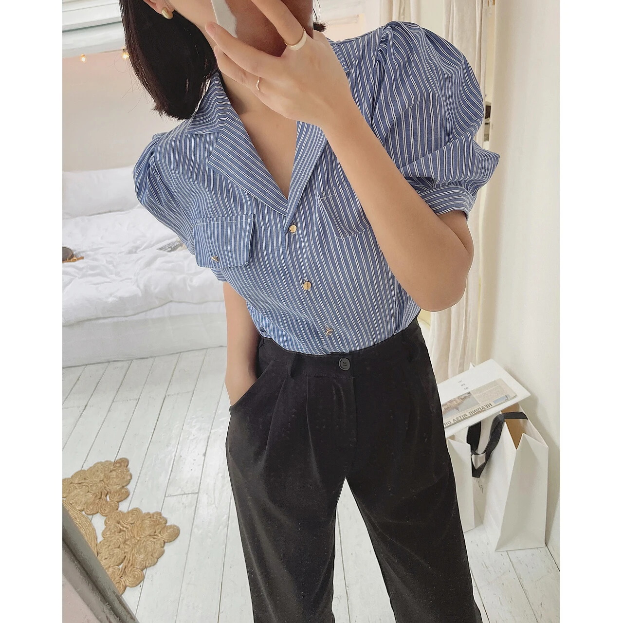 2022 Woman Striped Plaid Vintage Blouses Shirt T-shirt Clothing Fashion Tunics Top Summer Short Sleeve Cheap Urban Korean Oem