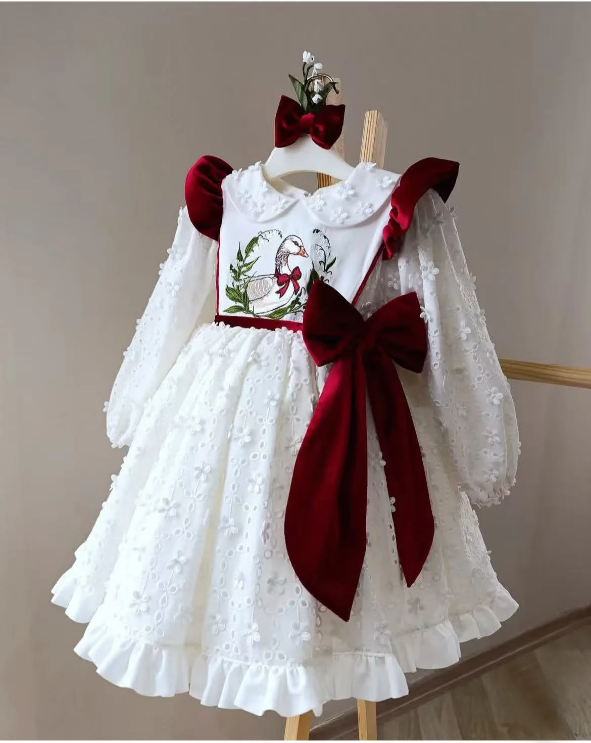 0-12Y Baby Girl Autumn White Duck Embroidery Turkish Vintage Lolita Princess Ball Gown Dress for Birthday Holiday Casual Eid