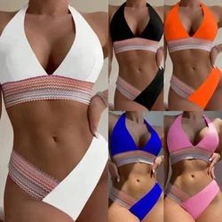 Contrast Swimwear Seaside Beach Summer Slim Sleeveless High Waist Temperament Sexy Spice Neck Ladies Sexy Deep V Bikini