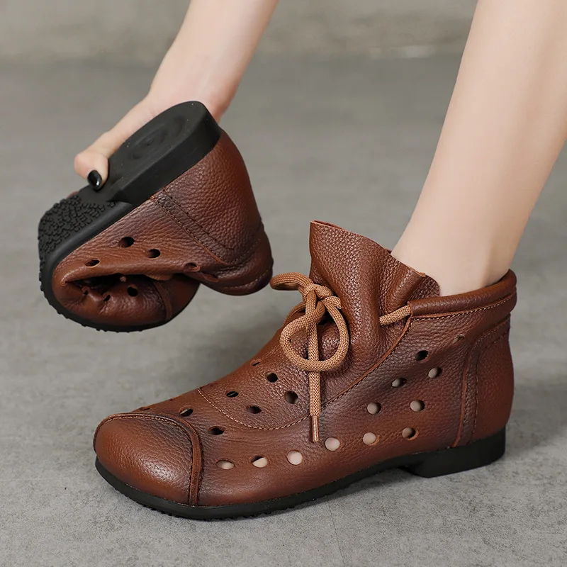 Summer Women's Short Leather Boots Hole Boots Casual Retro Women's Sandals Soft Bottom Soft Surface Casual Leather Punched Shoes