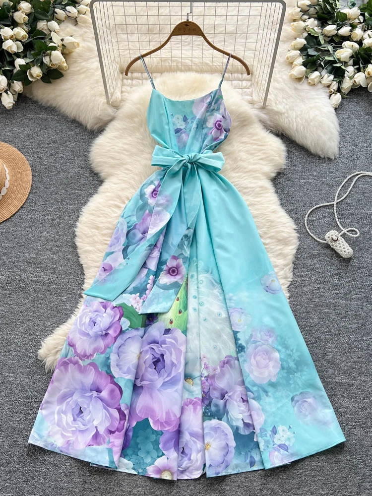 

Summer Women's European American Holiday Camisole Dress New Retro Colorful Printed Bow Strap Waist Cinching Strap Dress C273