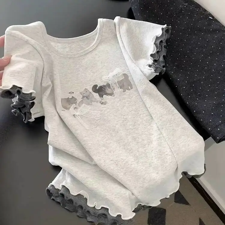 

Korean Cat Printed Bow Short-sleeved T-shirt for Women in Summer New Slim and Versatile Top