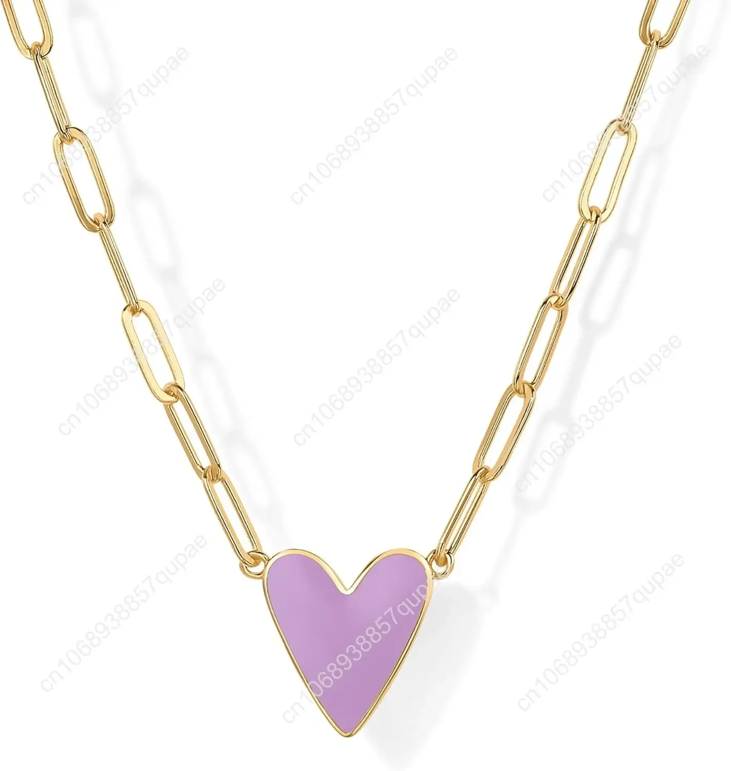 Collana da donna con ciondolo a forma di cuore in smalto placcato oro 14 carati |   Collane a catena con graffette Love |   Smalto bianco blu rosa viola H