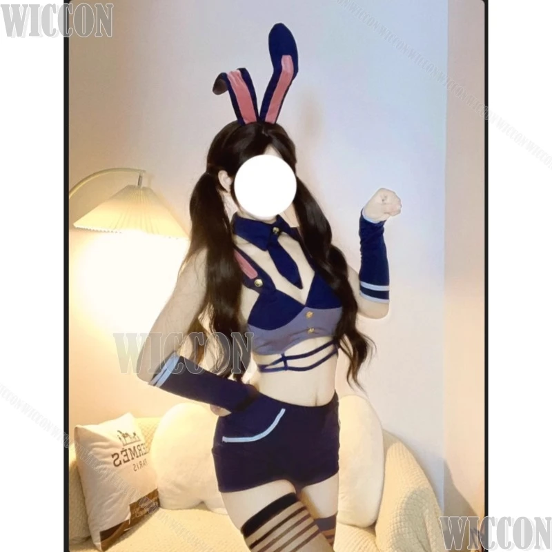 Disfraz de chica conejito Sexy para mujer y niña, tocado peludo, disfraz con orejas de juego de rol de conejo constable, personalizado para Halloween