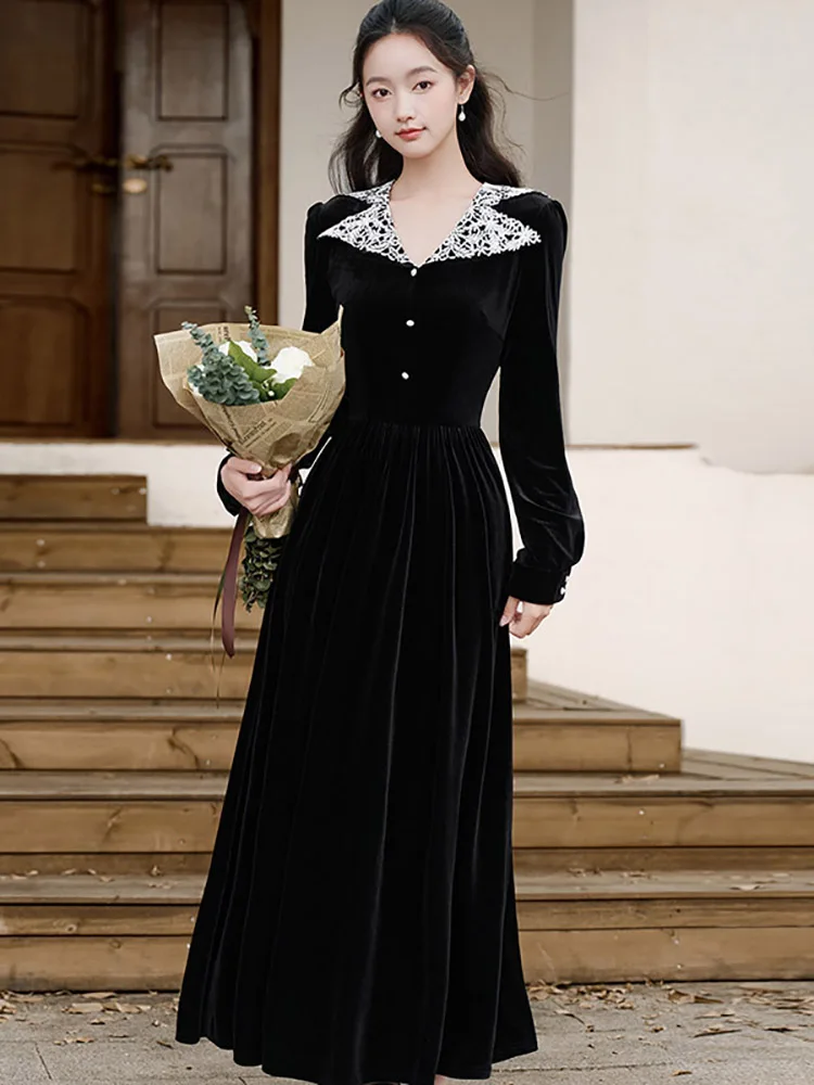 韓国風ヴィンテージ風ヘップバーン風高級イブニングドレス 秋冬 ブラックベルベット パッチワークドレス 2025 エレガント ボディコン フェスティバルドレス