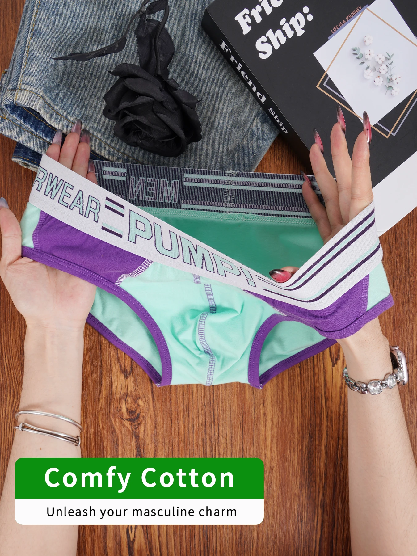 Men's Contrast Color Block Briefs, Convex Pouch with Letter Print Striped Wide Waistband High Elastic Breathable Underwear